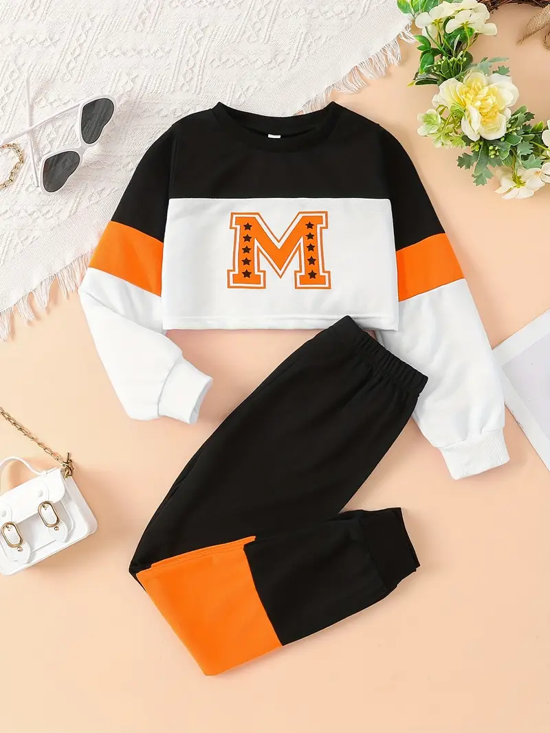 Conjunto de sudadera y pantalón de manga larga con cuello redondo y estampado de letras "M" para niñas, 2 piezas - Imagen 2