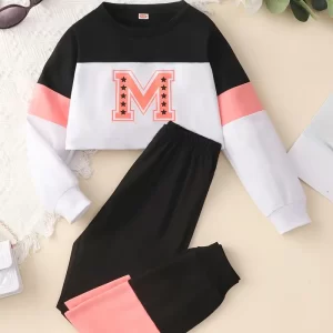 Conjunto de sudadera y pantalón de manga larga con cuello redondo y estampado de letras "M" para niñas, 2 piezas