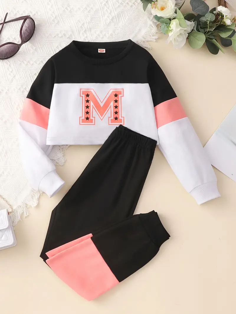 Conjunto de sudadera y pantalón de manga larga con cuello redondo y estampado de letras "M" para niñas, 2 piezas