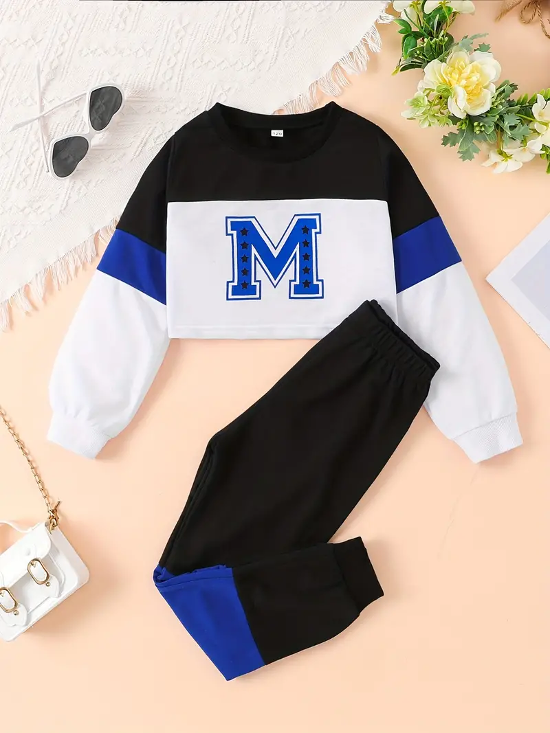 Conjunto de sudadera y pantalón de manga larga con cuello redondo y estampado de letras "M" para niñas, 2 piezas - Imagen 4