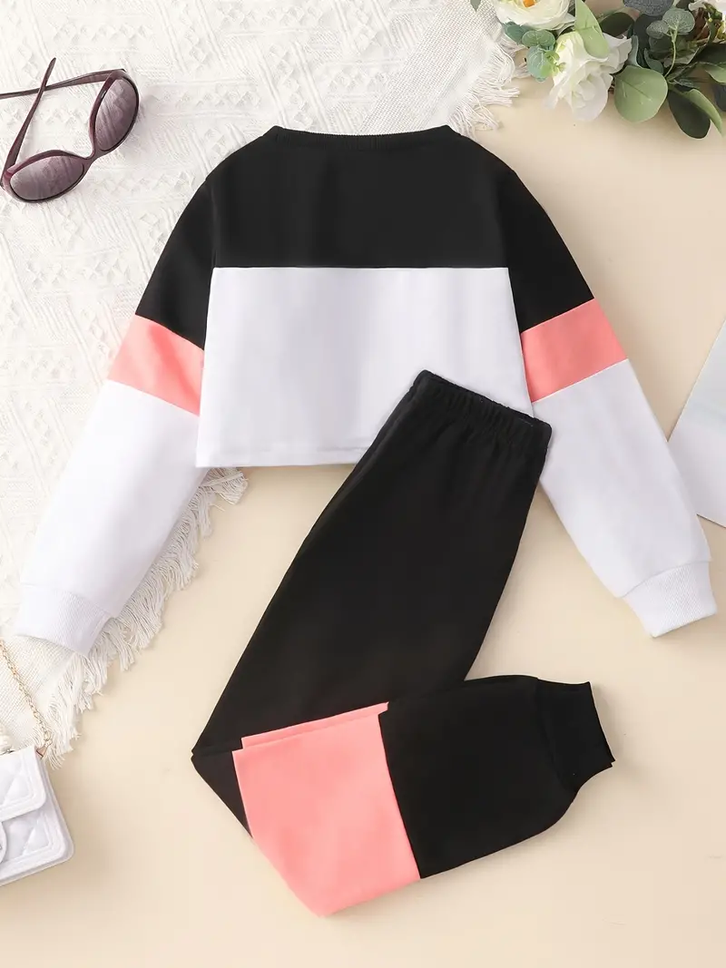 Conjunto de sudadera y pantalón de manga larga con cuello redondo y estampado de letras "M" para niñas, 2 piezas - Imagen 5